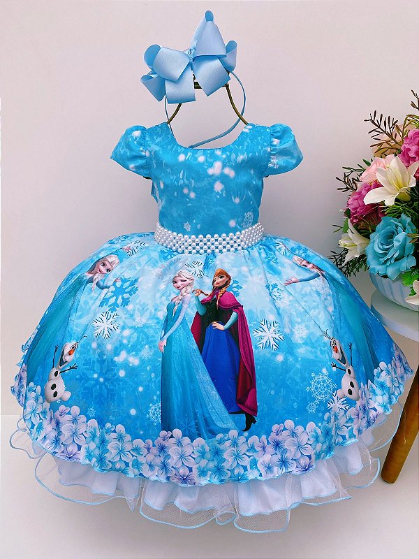 Vestido Infantil Azul Princesas Frozen Elsa Anna Festas