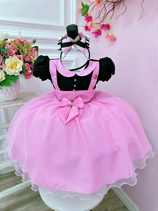 Vestido Infantil Rosa Mundo Bita com Broche de Laço Festas