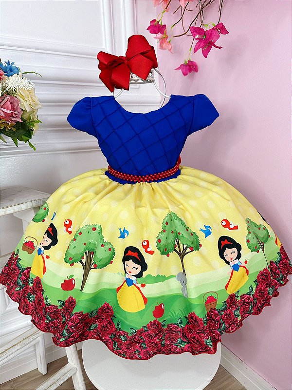 Vestido Infantil da Branca de Neve Azul Tematico Luxo