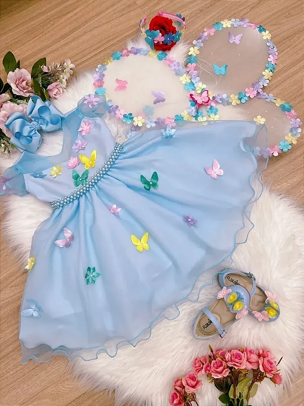 Vestido Infantil Azul Aplique Borboletas com Asa de Borboletas Kit