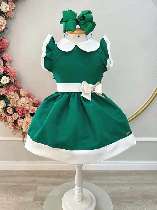 Vestido Infantil Verde Gola Gôde C/ Broche Luxo