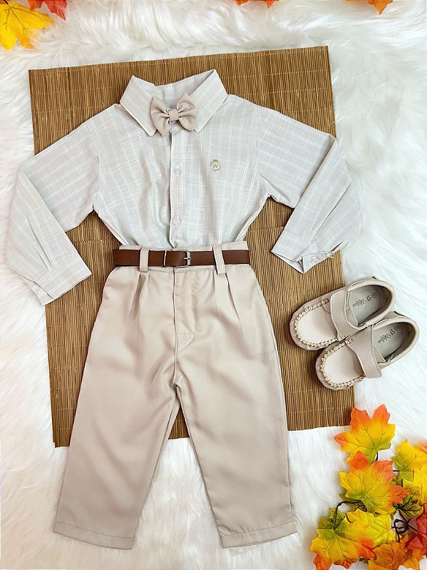 Conjunto Infantil Camisa Listrada e Calça Bege com Cinto