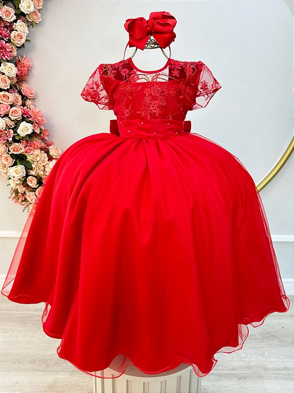 Vestido Infantil Vermelho Busto Renda Damas Longo Luxo