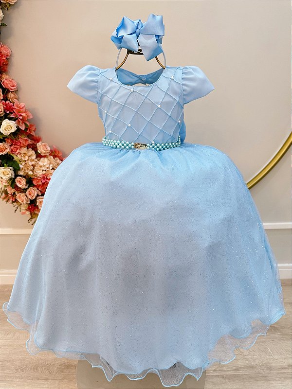 Vestido Infantil Dama de Honra Longo Azul Claro Busto Nervura