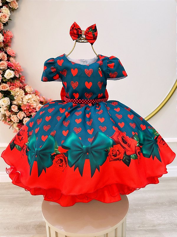 Vestido Infantil Verde Corações e Rosas Laço Festas