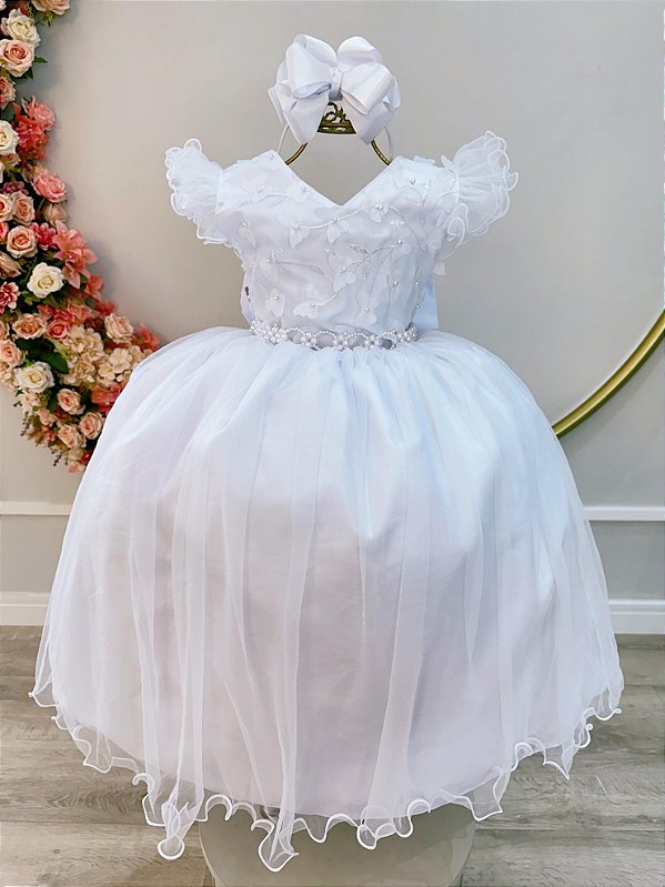 Vestido Infantil Longo Branco Com Apliques Daminhas Festas