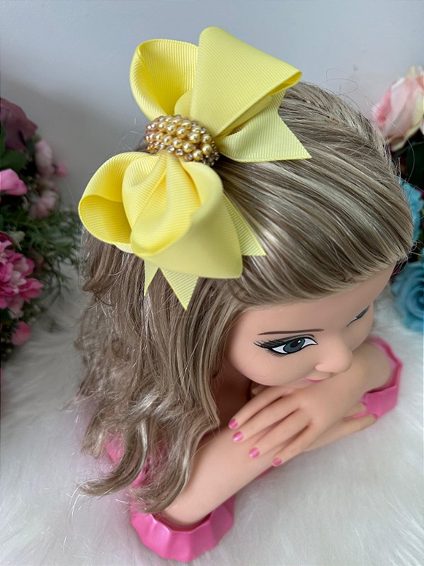 Laço Infantil Pérolas e Strass Mavie Amarelo