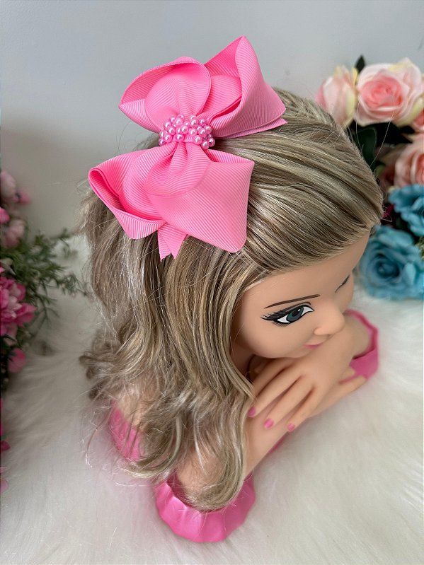 Laço Infantil Rosa Bebê Pérolas Maria Eduarda