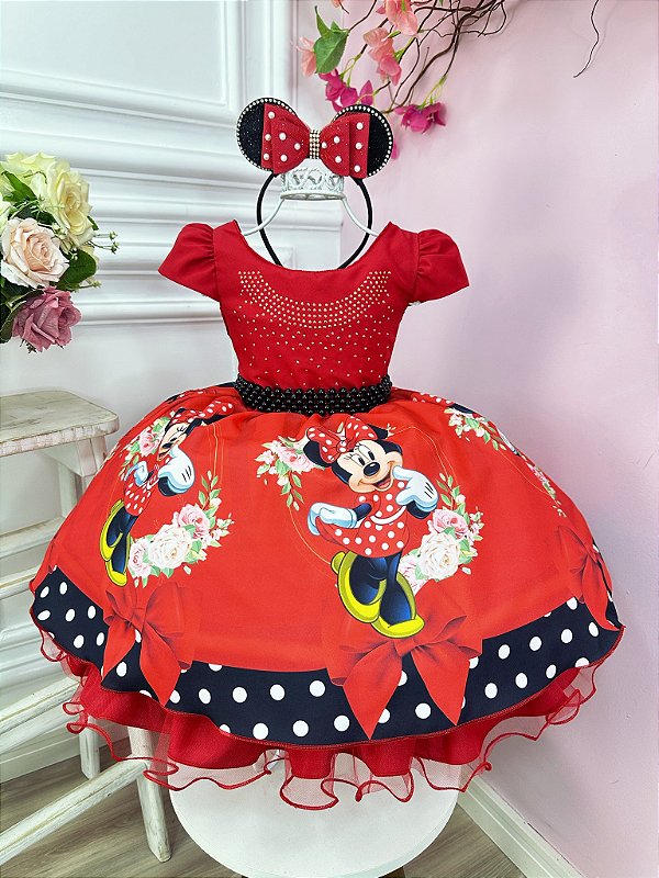Vestido Minnie Vermelha Cinto de Pérolas Preto Luxo