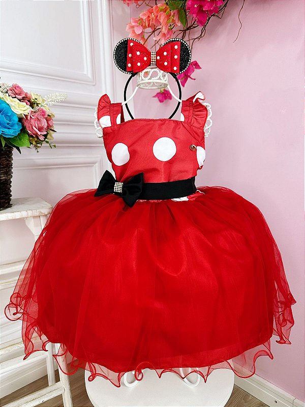 Vestido Minnie Vermelha Bolinhas com Broche Strass