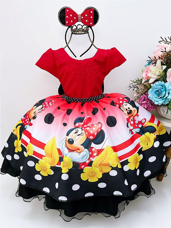 Vestido Minnie Vermelha Bolas Cinto e Pérolas Luxo
