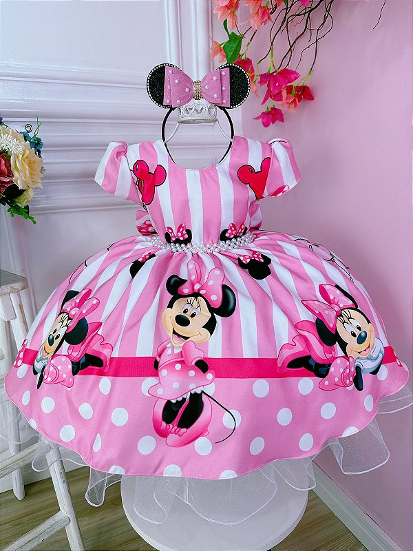 Vestido Minnie Rosa Listras Cinto de Pérolas
