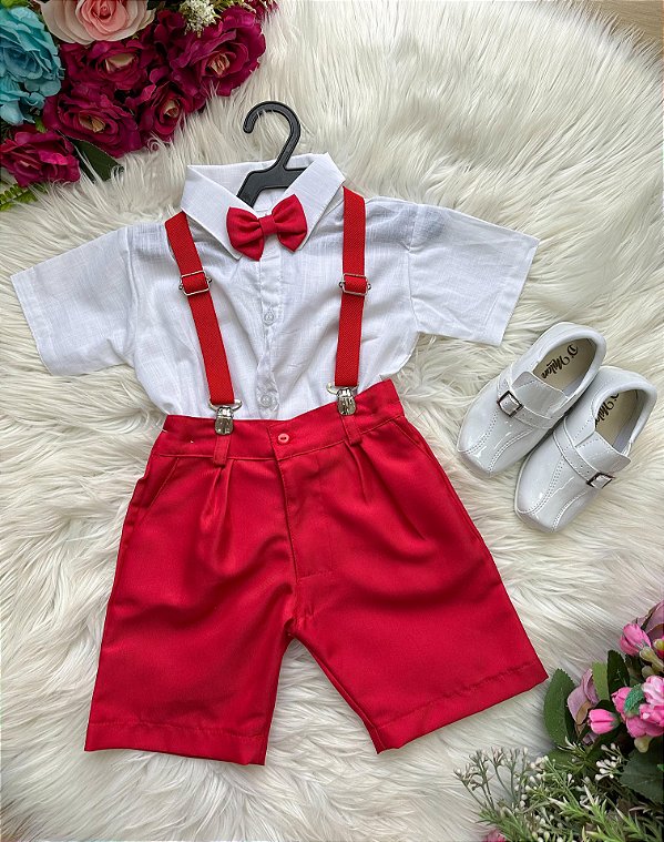 Conjunto Camisa Branca Suspensório Miss Cherry