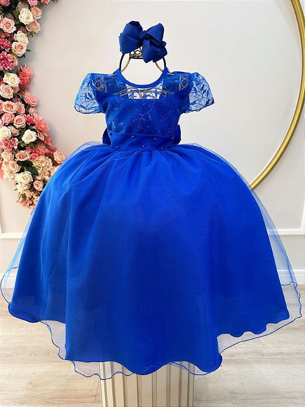 Vestido Infantil Azul Royal Longo com Busto de Renda Luxo