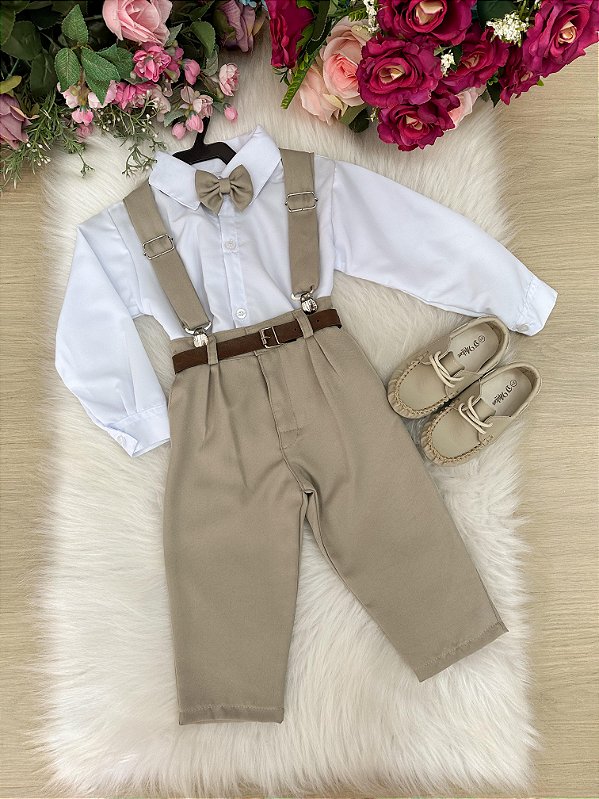 Conjunto Suspensorio Bege Menino Batizado Pajem