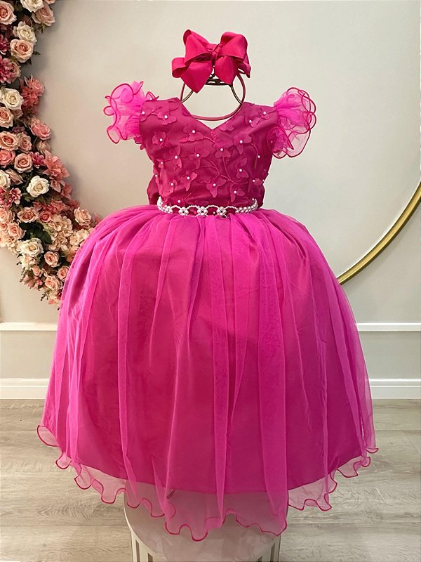 Vestido Infantil Longo Rosa com Apliques e Renda