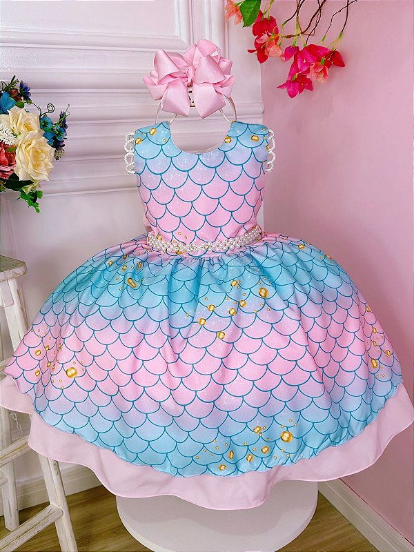 Vestido Infantil Sereia Fundo do Mar Ariel Tay Day Princesa Luxo