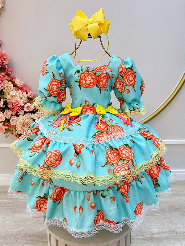 Vestido Infantil Junino Verde Florido Aplique de Laços