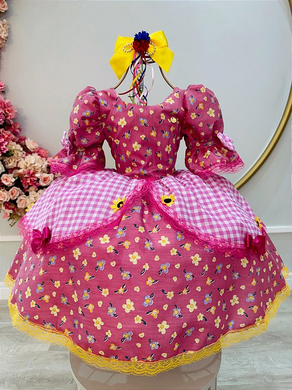 Vestido Infantil Junino Arraiá Rosa Estampas de Florzinhas