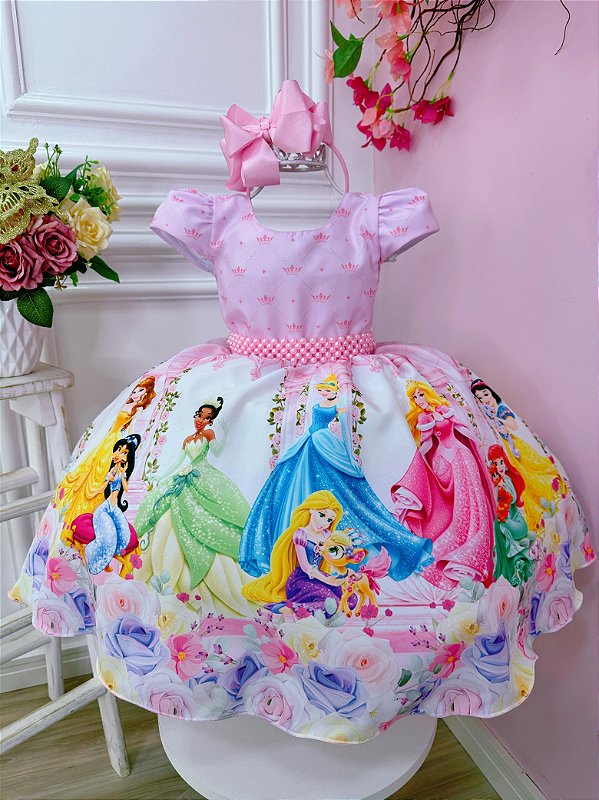 Vestido Infantil Princesas Disney Rosa Cinto de Pérolas