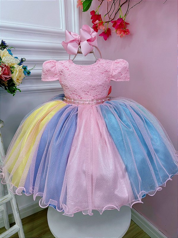Vestido Infantil Unicórnio Chuva de Amor Arco Iris