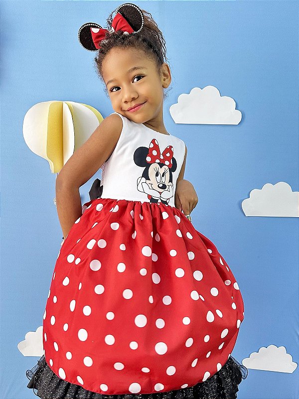 Vestido Minnie Vermelha Luxo Bolas Brancas Com Tiara
