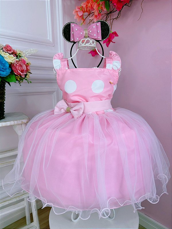 Vestido Infantil Rosa Bolinhas Broche Strass Luxo