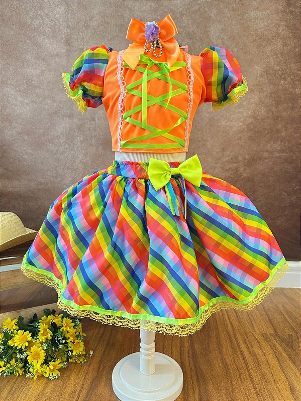 Conjunto Meninas Junino Cropped Laranja com Mini Saia Colorida