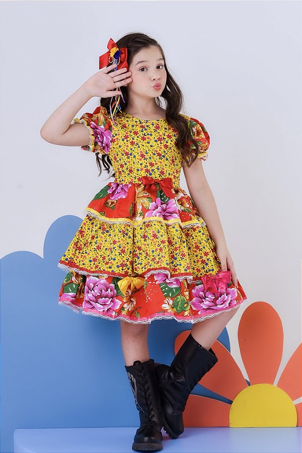Vestido Infantil Junino Amarelo Colorido Florzinhas Festas