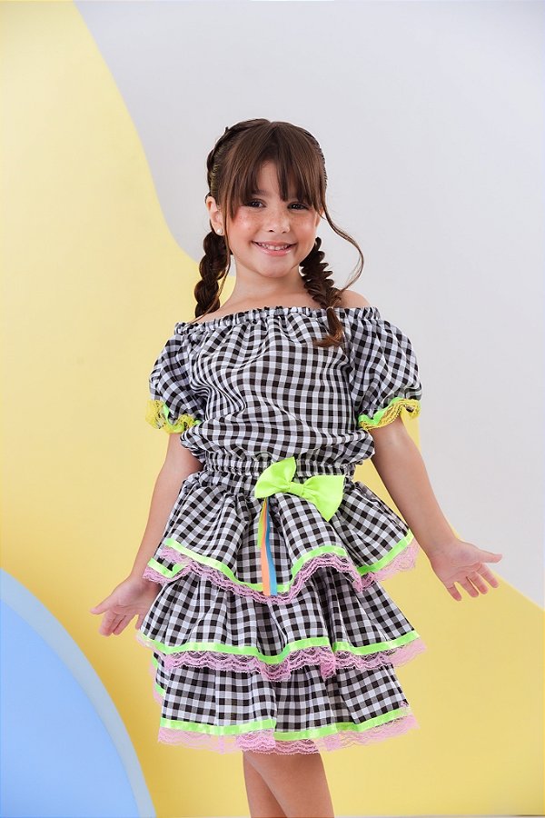 Conjunto Meninas Junino Preto Xadrez Cropped Com Mini Saia