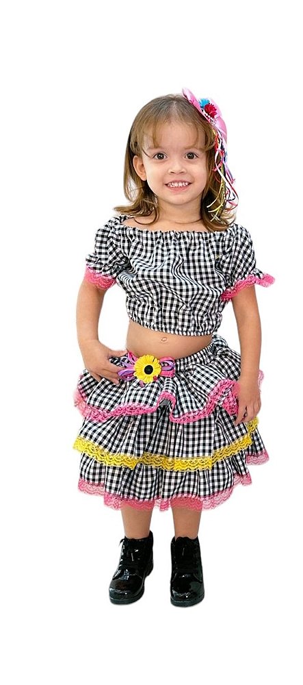 Conjunto Junino Preto Xadrez Cropped Mini Saia