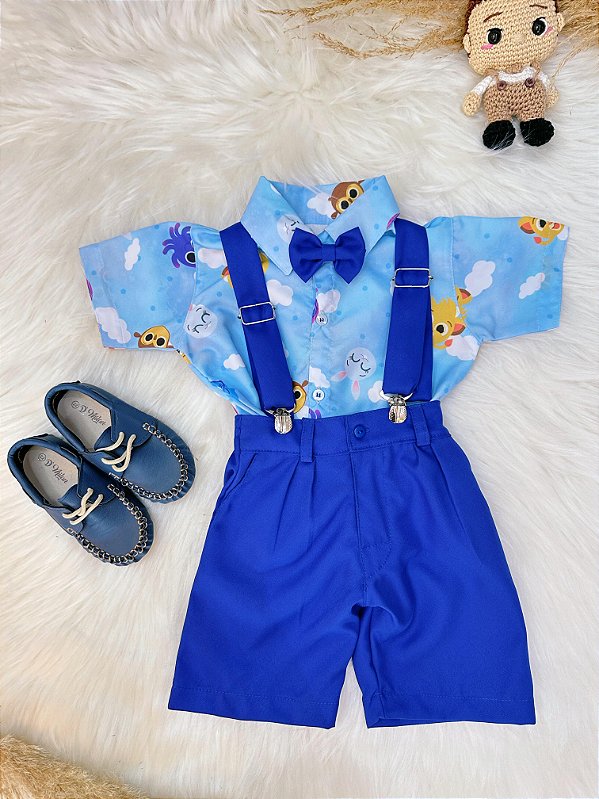 Conjunto Meninos do Bolofofos Azul Com Short Susp. e Camisa