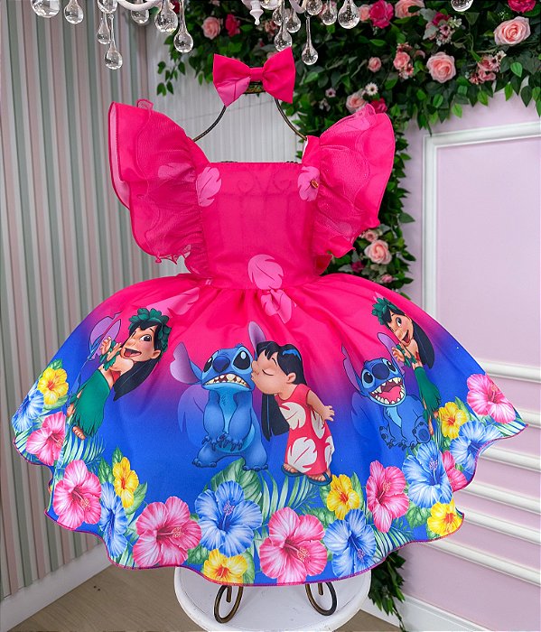Vestido Infantil Stitch e Lilo Pink Luxo Menina Festa