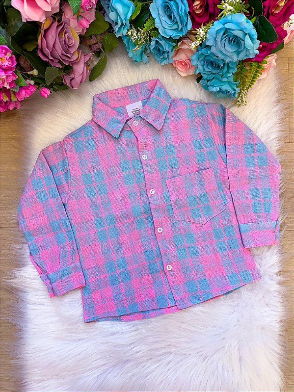 Camisa Xadrez Rosa e Azul Flanelada Junina