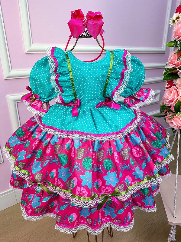 Vestido Infantil Junino Quadrilha Flor do Sertão Luxo Verde Tiffany