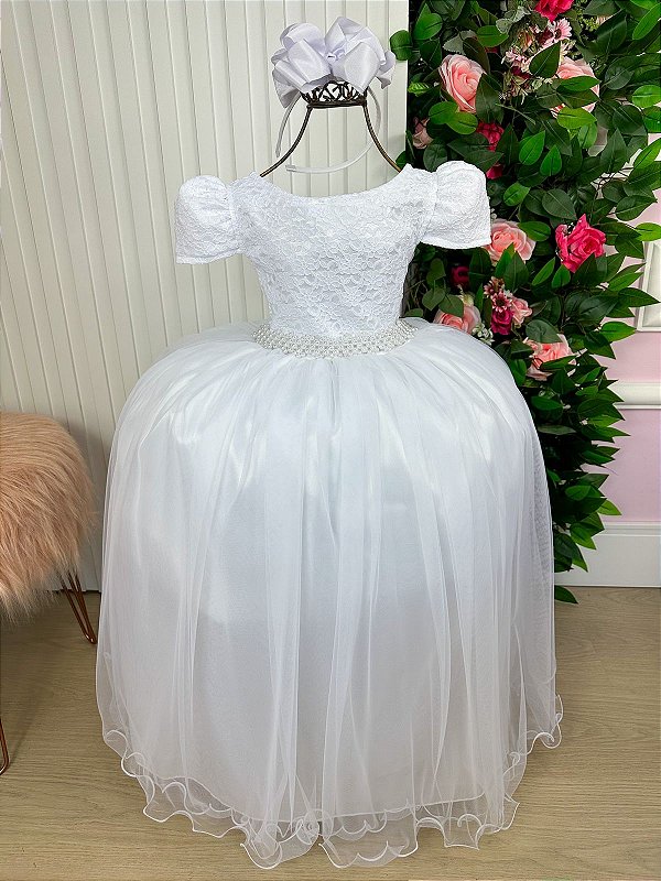 Vestido Longo Daminha Branco Laura Peito Rendado
