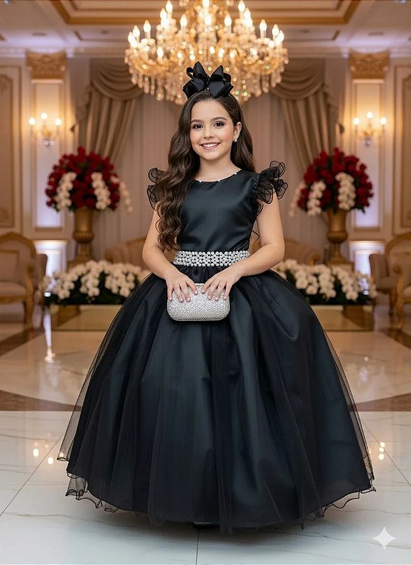 Vestido Infantil Longo Festa Luxo Preto Amanda