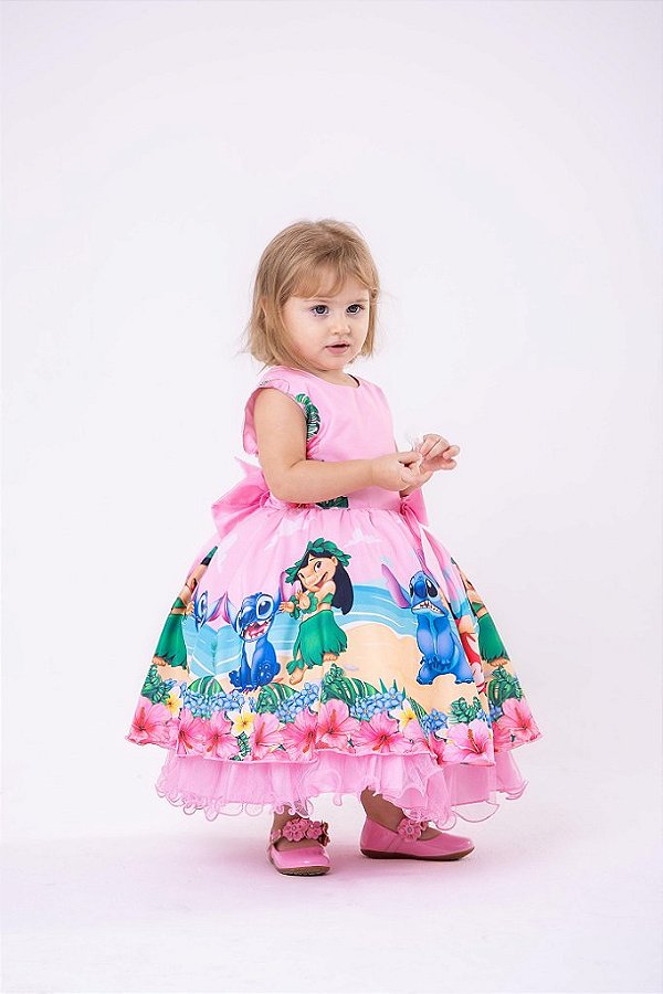 Vestido Infantil  Lilo e Stitch Rosa Temáticos Luxo