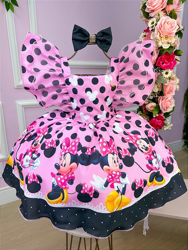 Vestido Minnie Rosa Com Preto Temático Kids