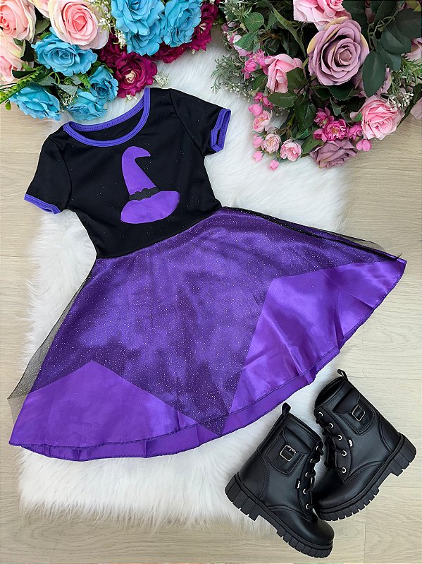 Fantasia Halloween Menina Bruxiinha Roxa Dia das Crianças