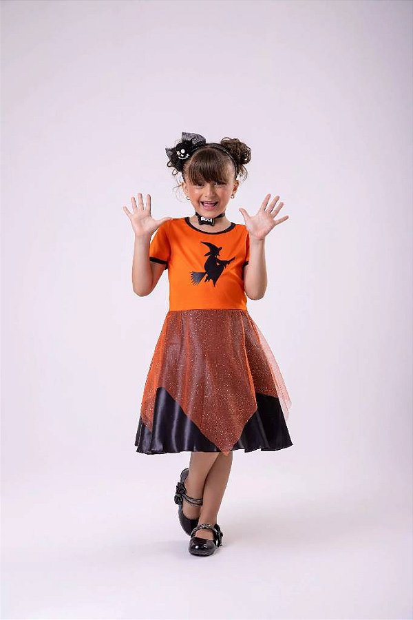 Fantasia Halloween Menina Bruxinha Laranja Dia das Crianças