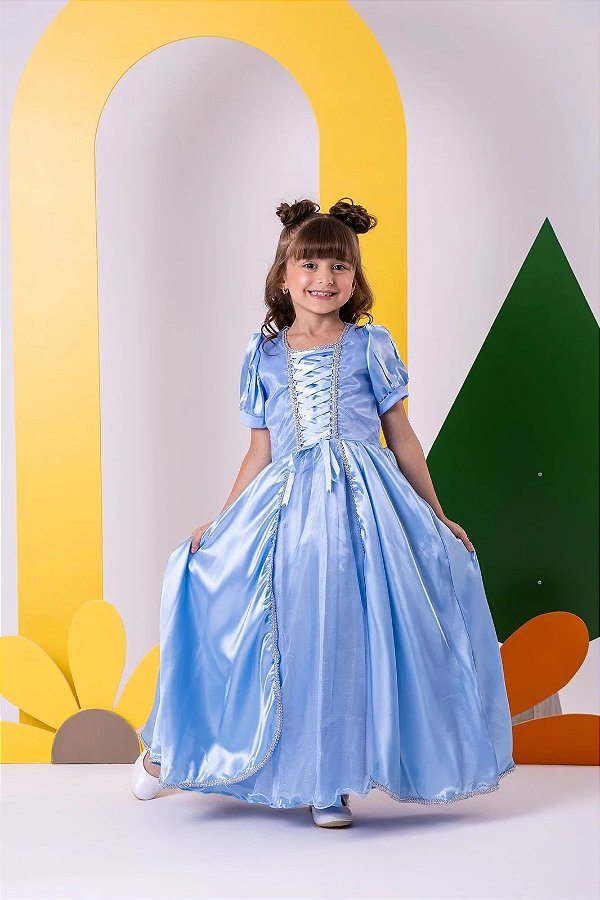 Vestido Fantasia Infantil Cinderela Luxo Azul com Tule