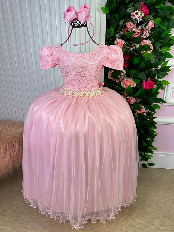 Vestido Longo Daminha Rosa Bebe Laura Peito Rendado