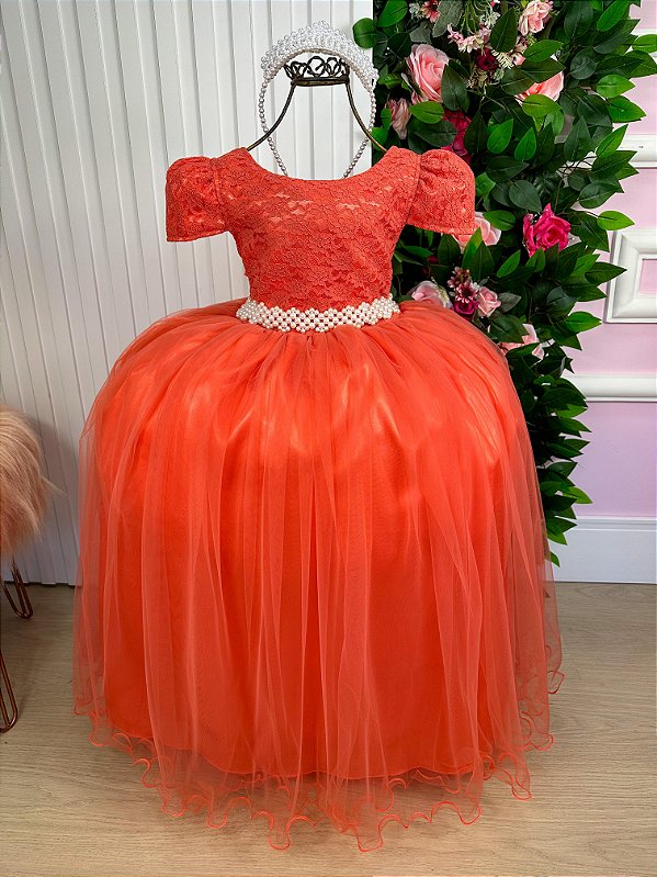 Vestido Longo Daminha Terracota Laura Peito Rendado