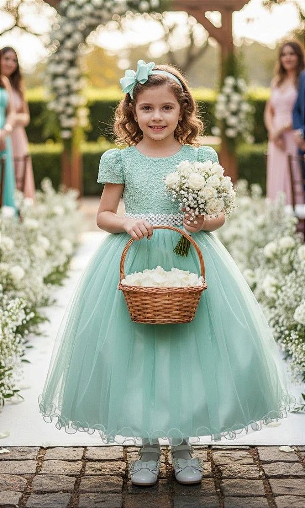 Vestido Longo Daminha Verde Menta Laura Peito Rendado