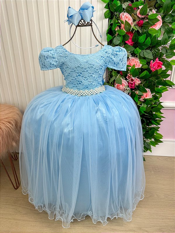Vestido Longo Daminha Azul Bebe Laura Peito Rendado