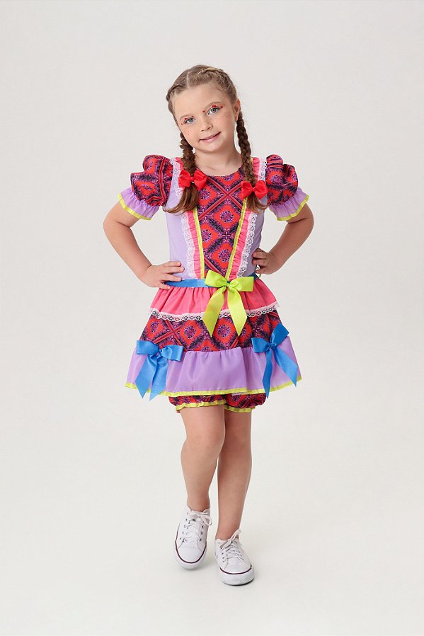 Fantasia Infantil Junino Vermelho e Lilás Flores Coloridas