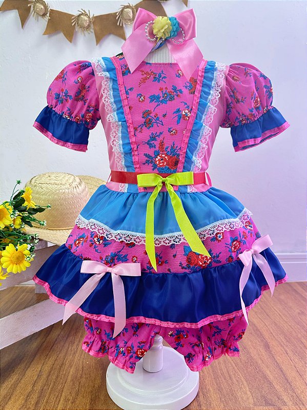 Fantasia Infantil Junino Rosa e Azul Florzinhas Coloridas