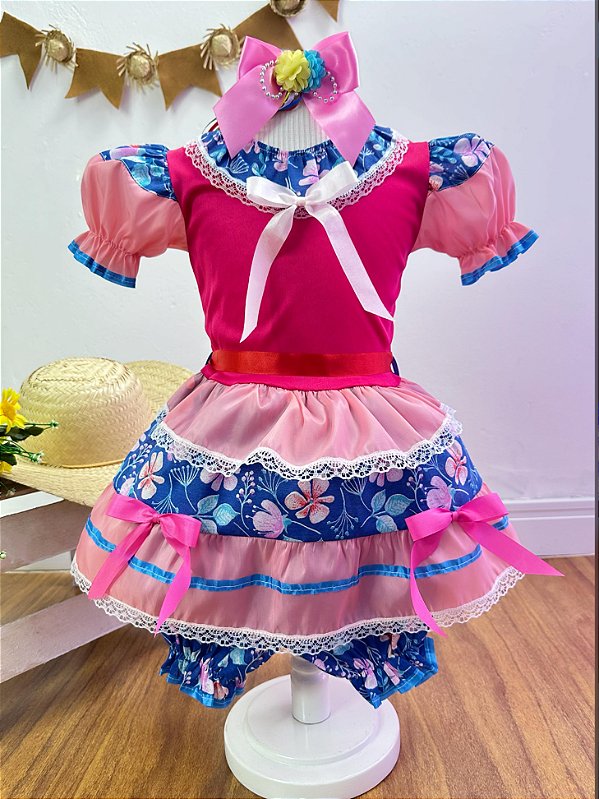 Fantasia Infantil Junino Salmão e Rosa Florzinhas Coloridas