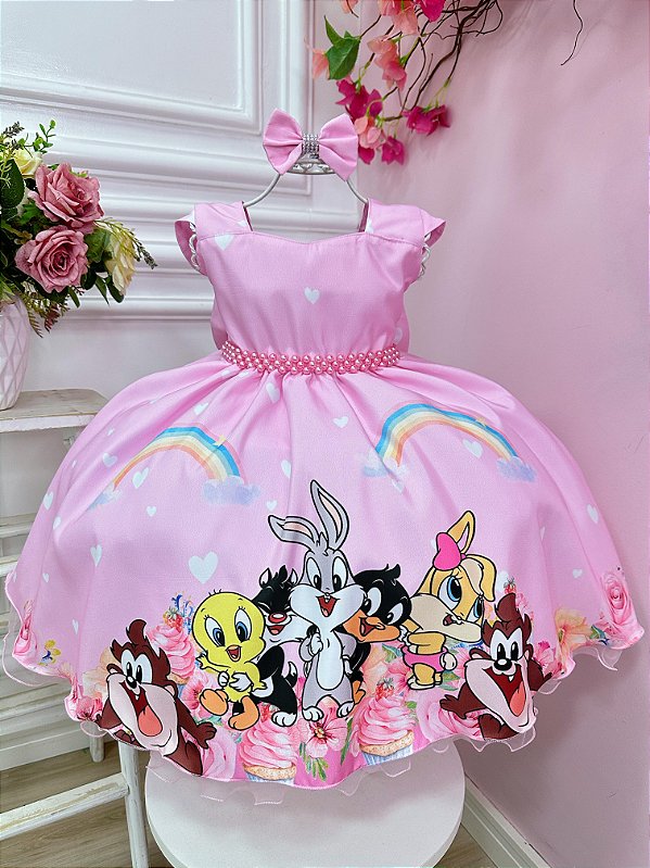 Vestido Infantil Baby Looney Tunes Rosa Laço Festas